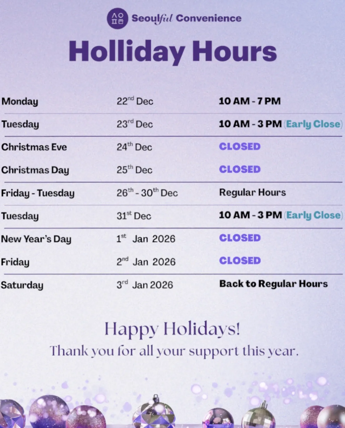 Seoulful Convenience Holiday Hours